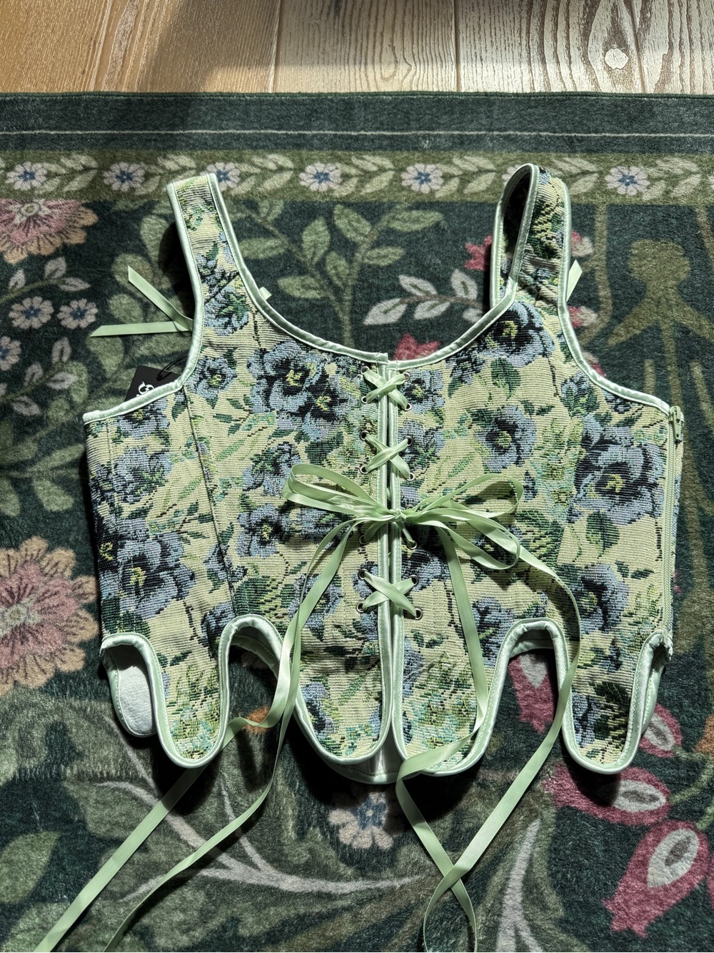 Floral Lace-Up Corset Top in Light Green - rare discontinued print